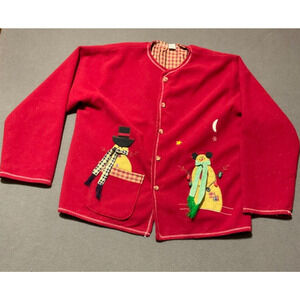 Vintage XL Red Button-Up Holiday Cardigan Jacket/Sweater with Snowman Applique
